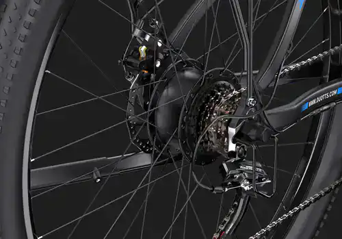 Close-up of electric bike rear hub motor and gears