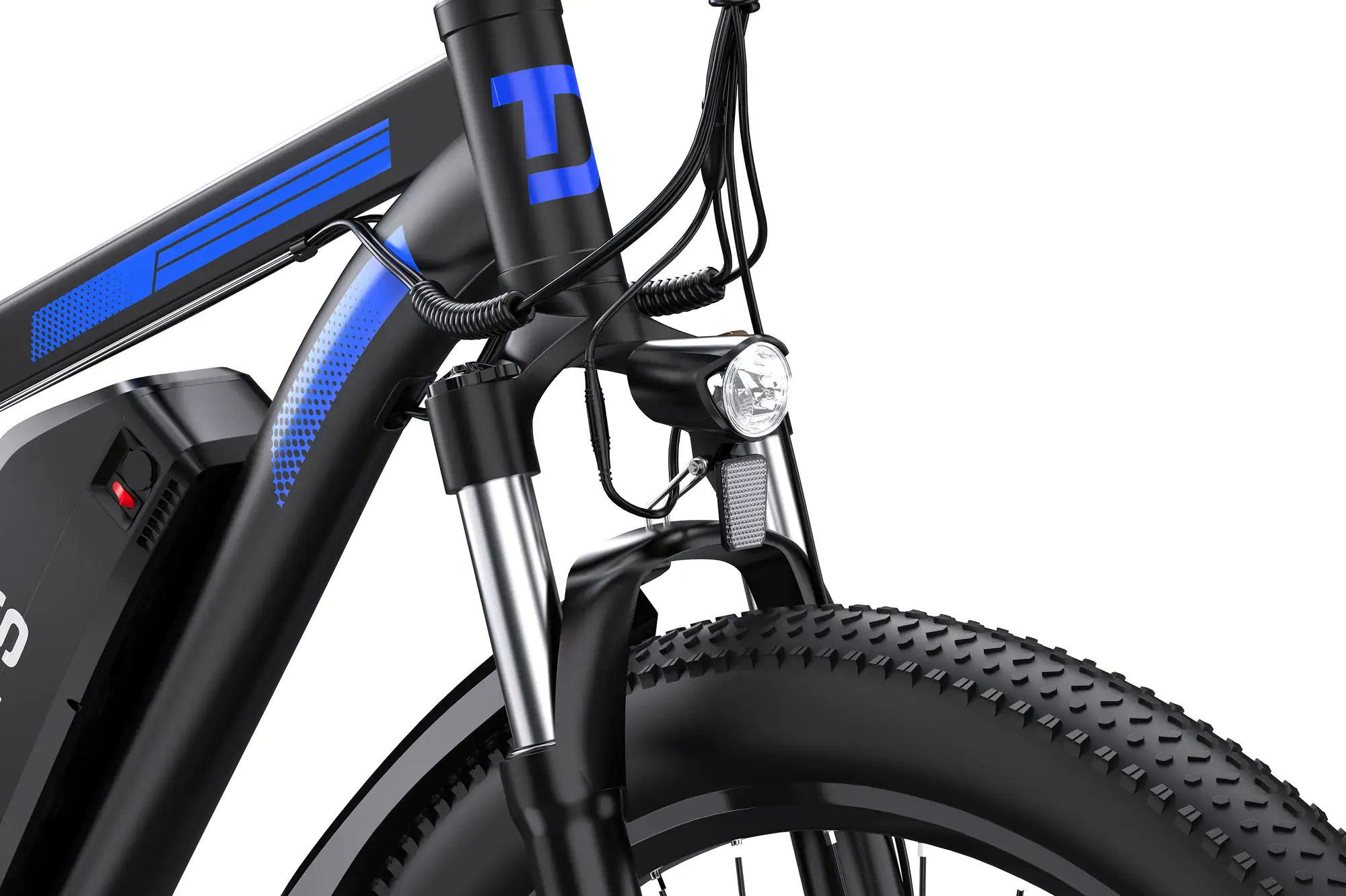 Close-up of electric bike front headlight and tire