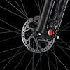 Close-up of bicycle disc brake and front wheel