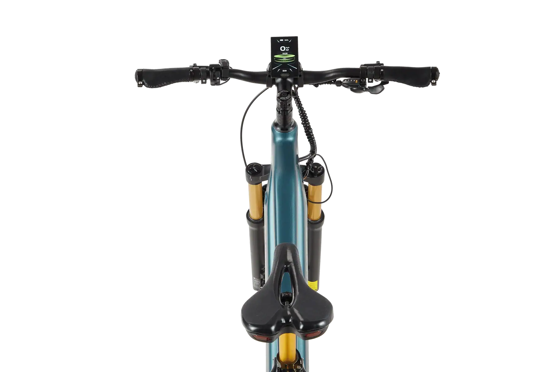 Top view of electric mountain bike cockpit and saddle