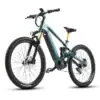 Teal electric mountain bike with suspension and knobby tires