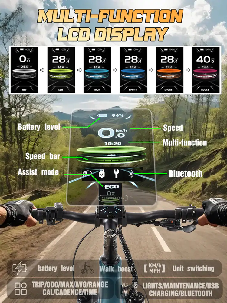 E-bike handlebar LCD display showing speed and battery