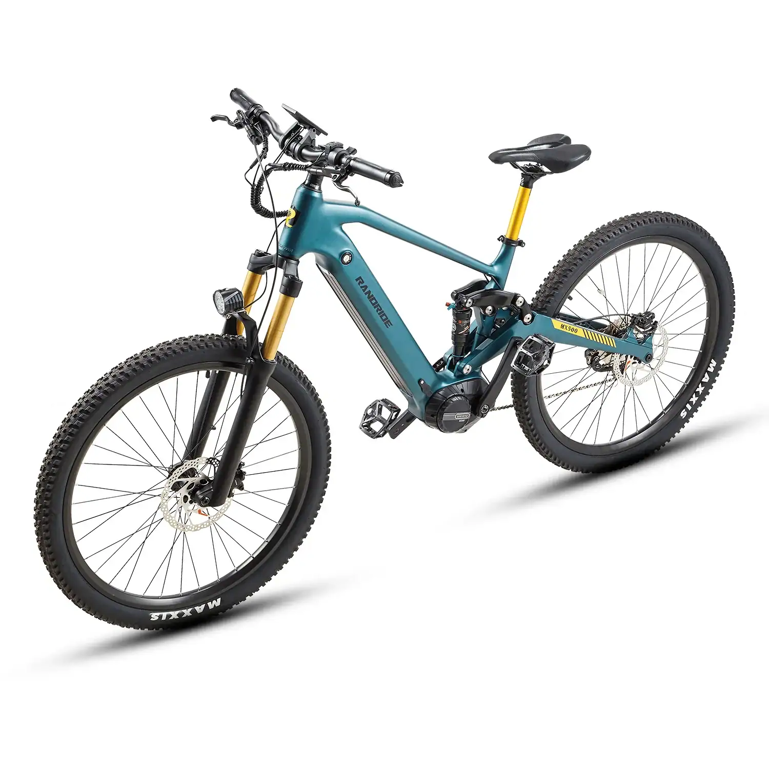 Teal full-suspension electric mountain bike with knobby tires