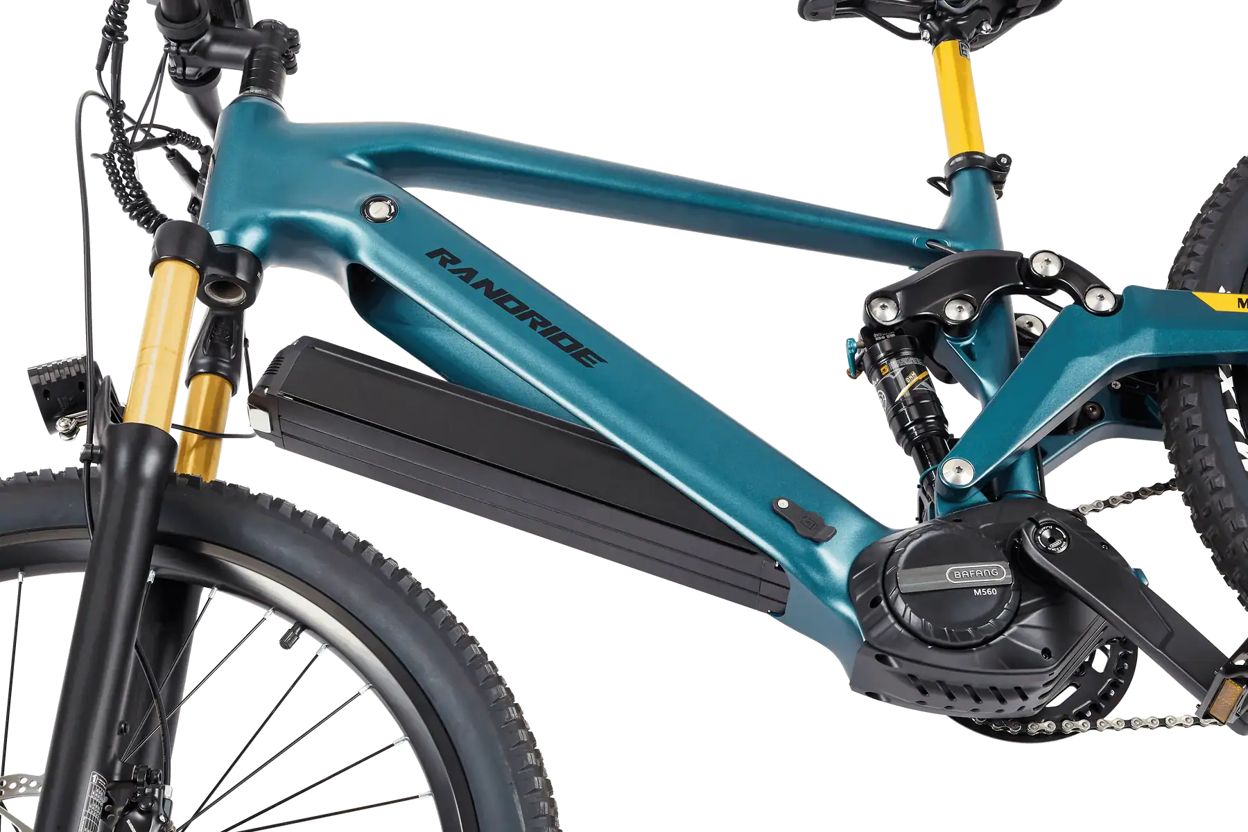 Teal electric mountain bike frame with battery and motor