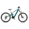 Teal electric mountain bike with suspension and thick tires