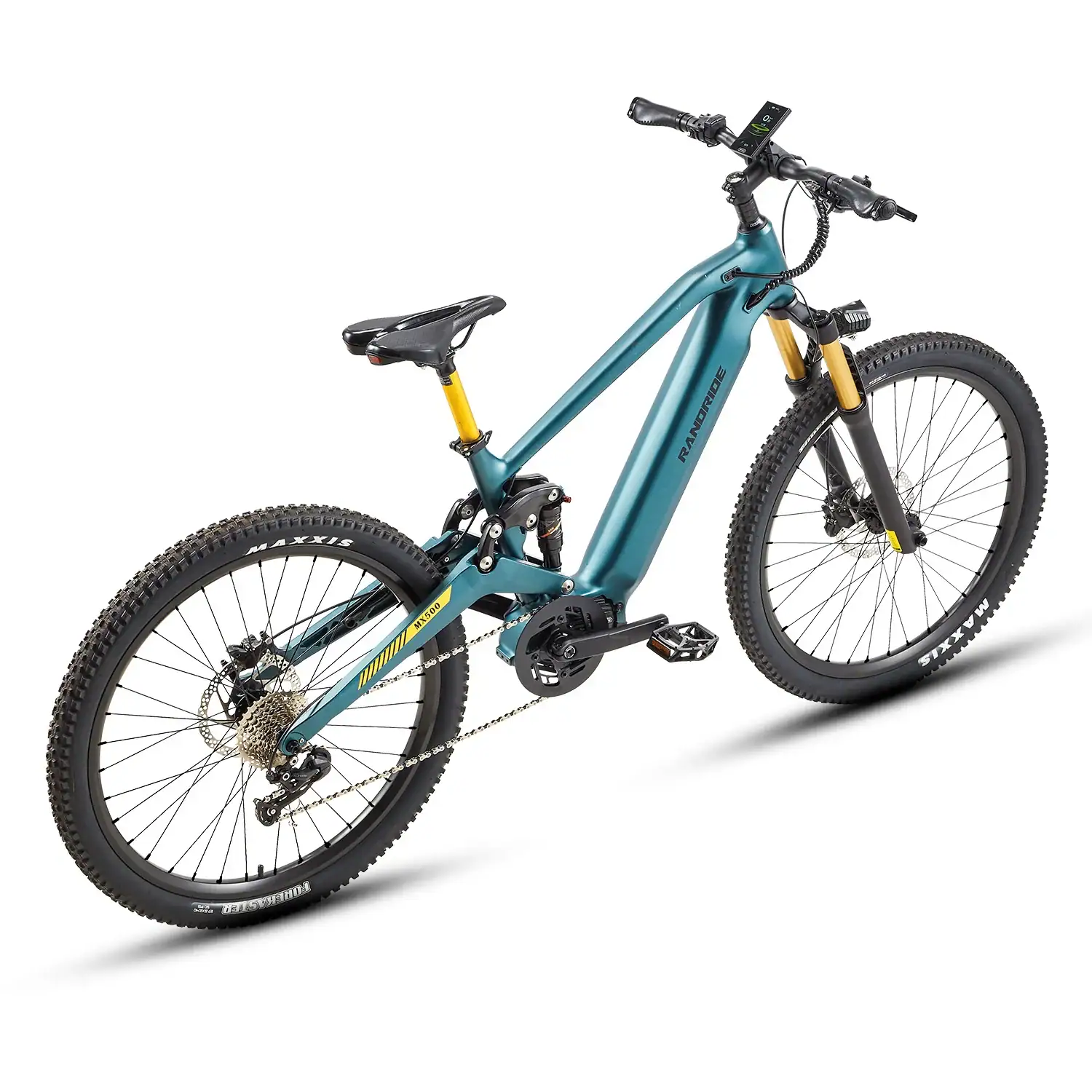 Teal electric mountain bike with suspension and display